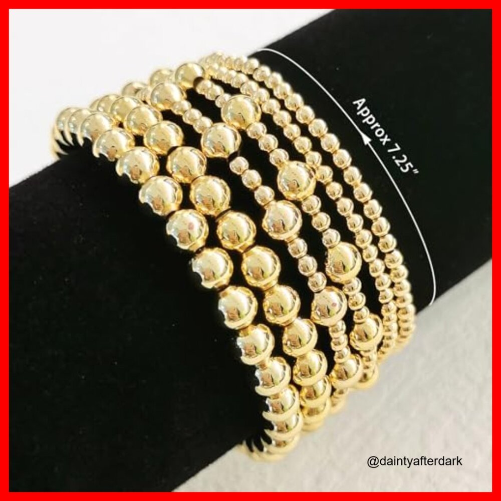 14k Gold Plated Stackable Bead Ball Bracelet Set … - image 5